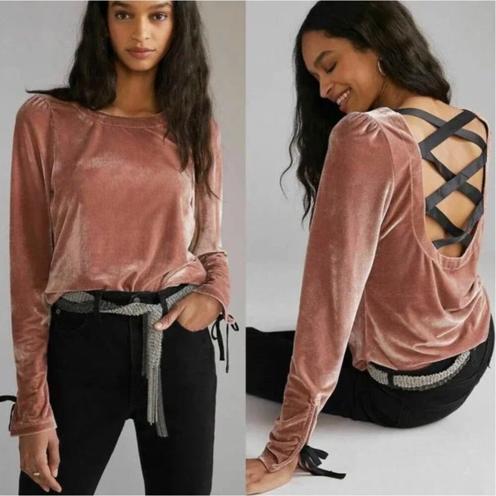 Anthropologie Pink Velvet Blouse with Black Straps